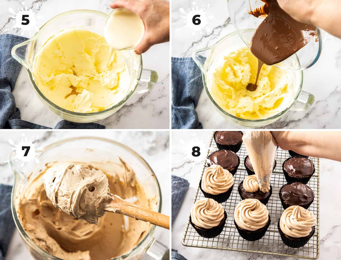 4 images showing the steps to making milk chocolate frosting.