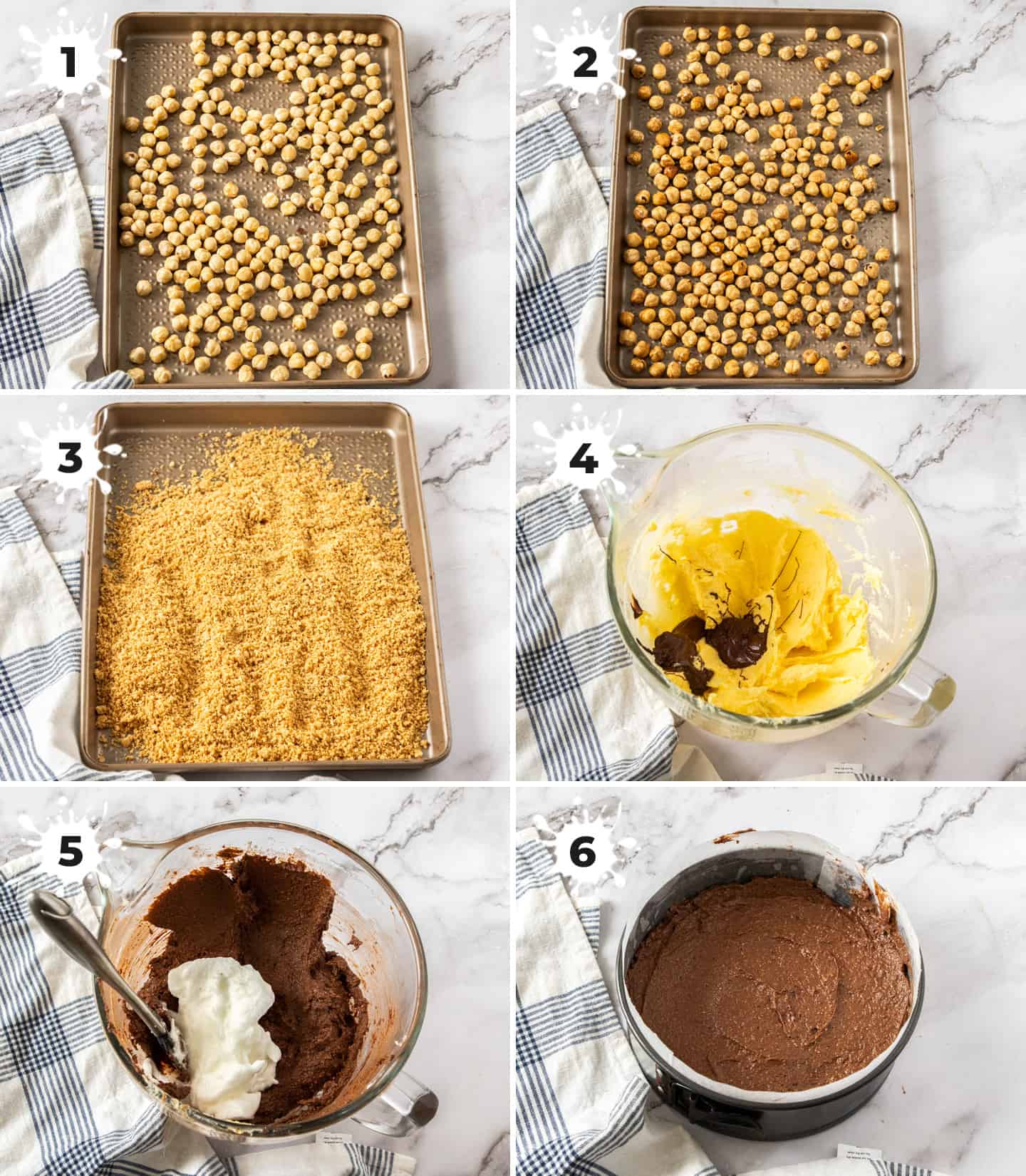 6 images in a collage showing the steps to making flourless chocolate cake.
