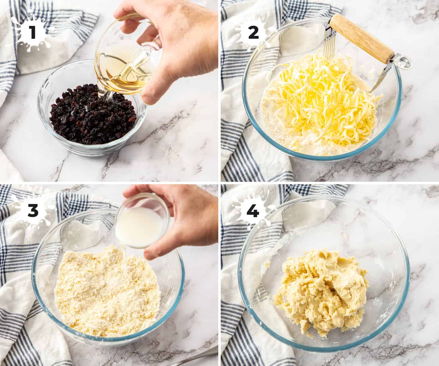 A collage of 4 images showing the blending of ingredients to make dough.