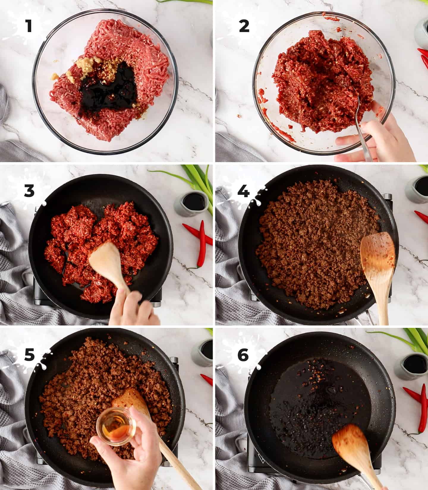 A collage of 6 images showing teh steps to making Asian chilli beef mince.