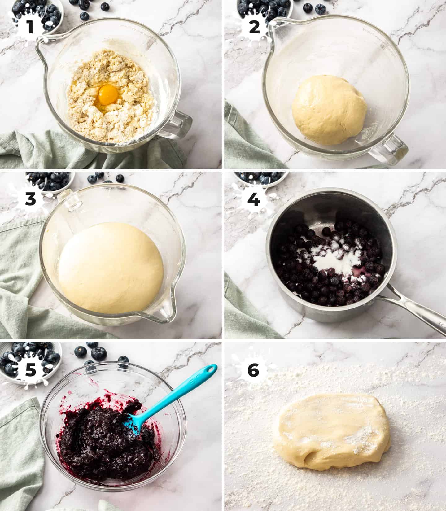 A collage of 6 images showing the steps to making the dough and blueberry jam.