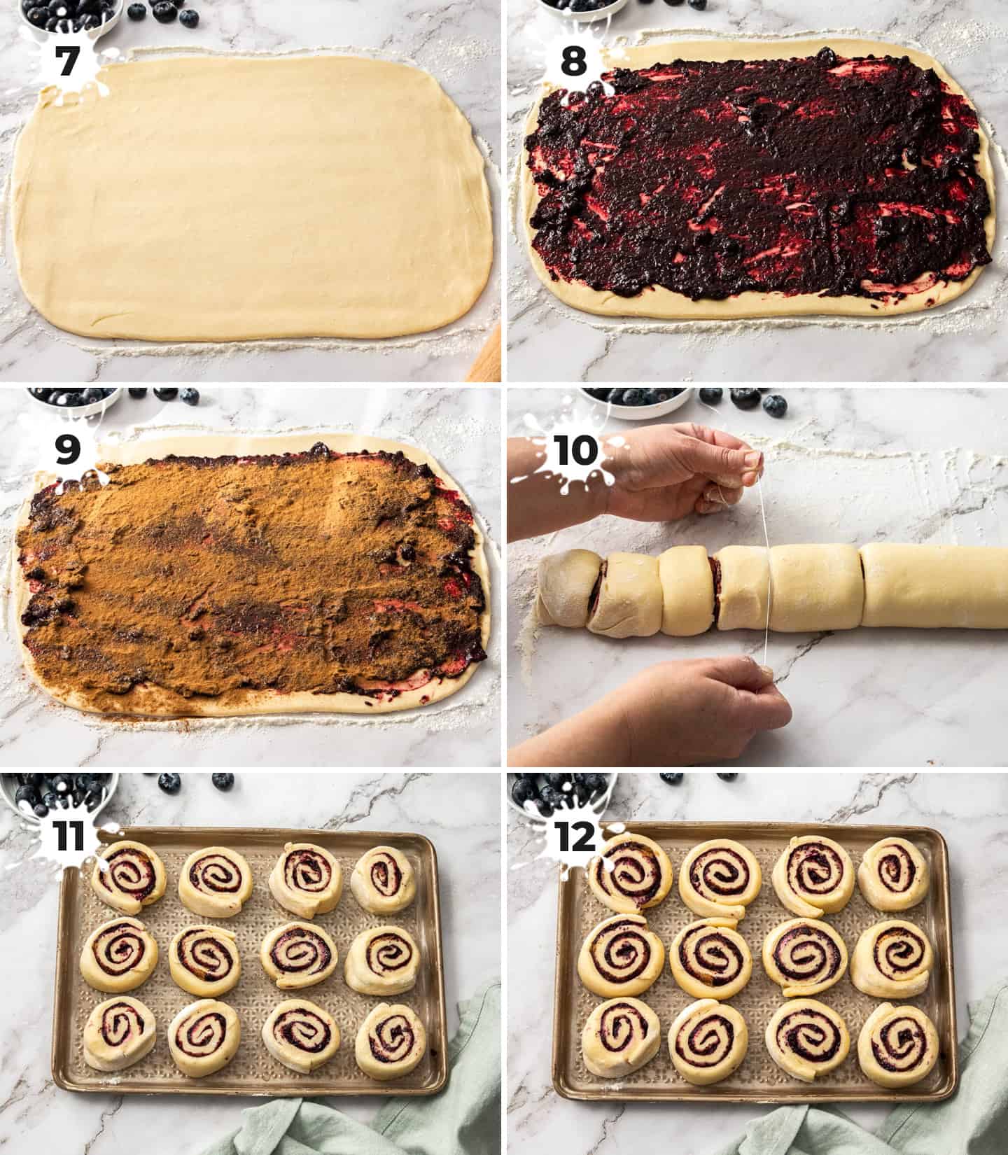 A collage of 6 images showing how to assemble and cut blueberry cinnamon rolls.