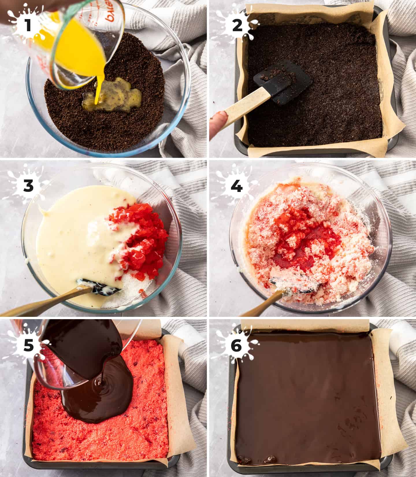 A collage of 6 images showing how to mix together and assemble the ingredients.