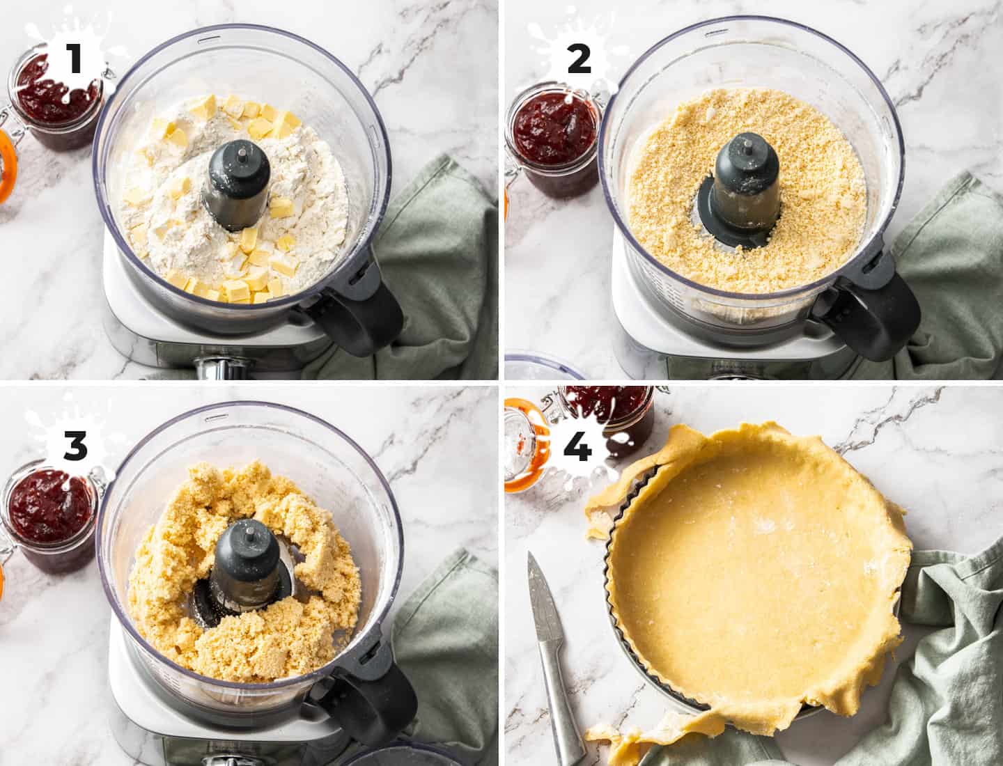 A collage of 4 images showing how to make the pastry for the tart.