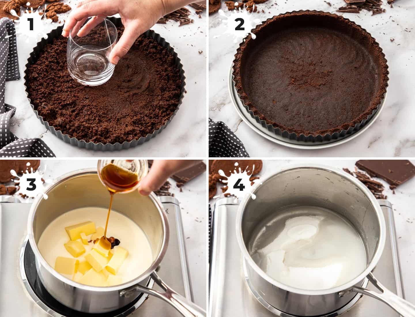 A collage of 4 images showing the making of a chocolate cookie tart shell.