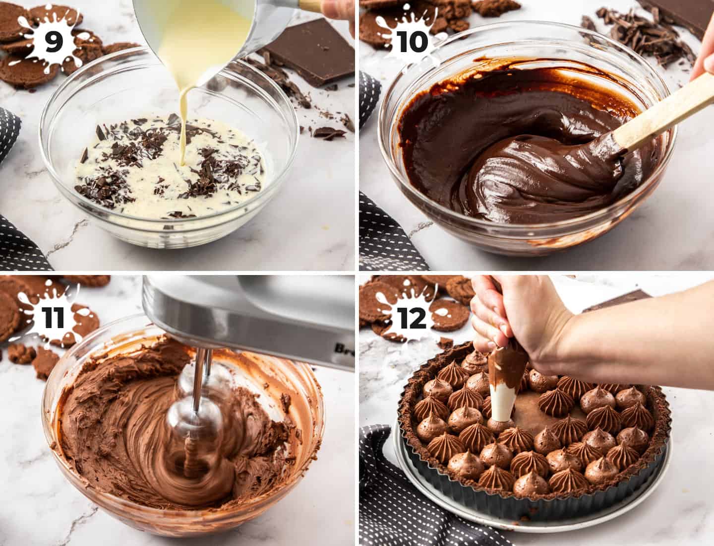 A collage of 4 images showing how to make and pipe the whipped chocolate ganache.