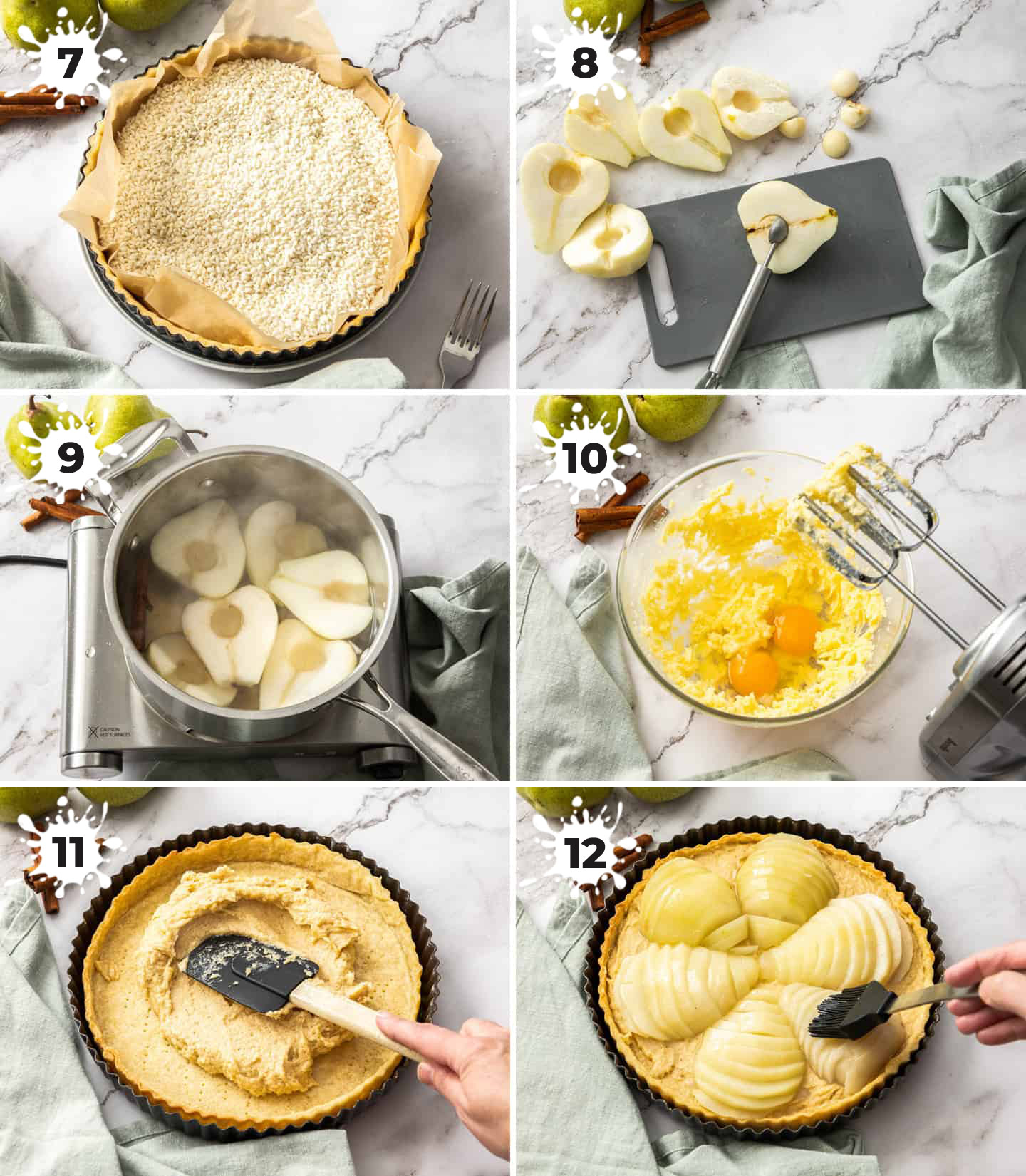 A collage showing how to fill the tart.