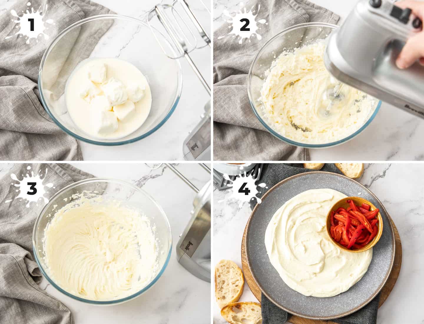 A collage of 4 images showing how to make whipped goats cheese.