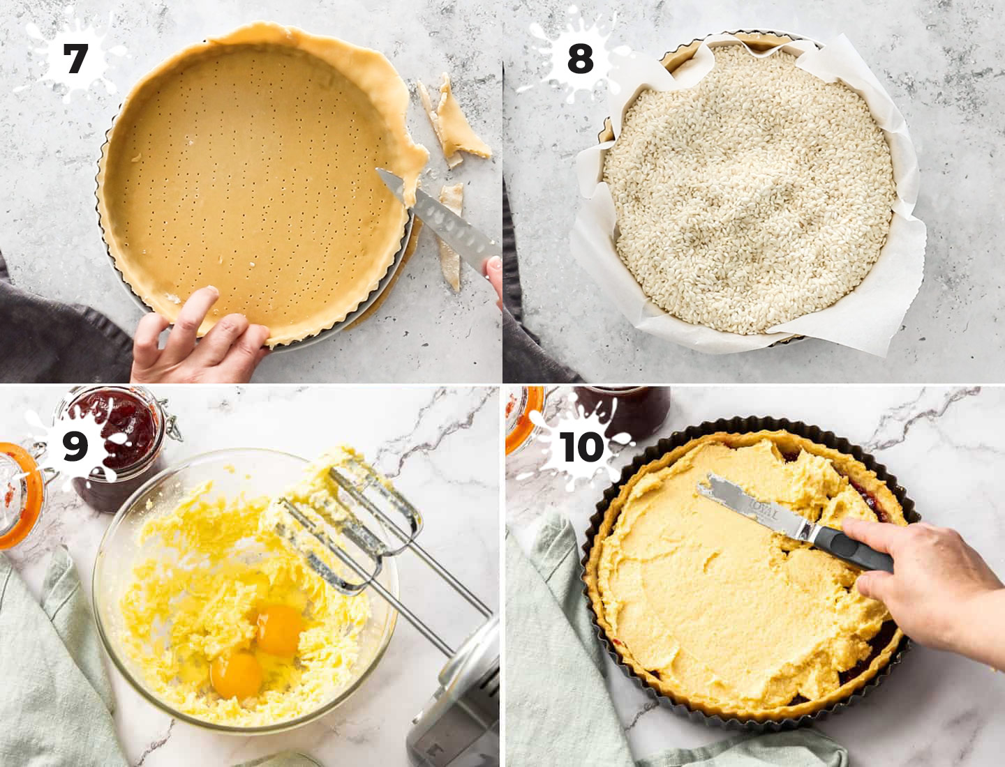 A collage showing how to prep the shell and make the filling.