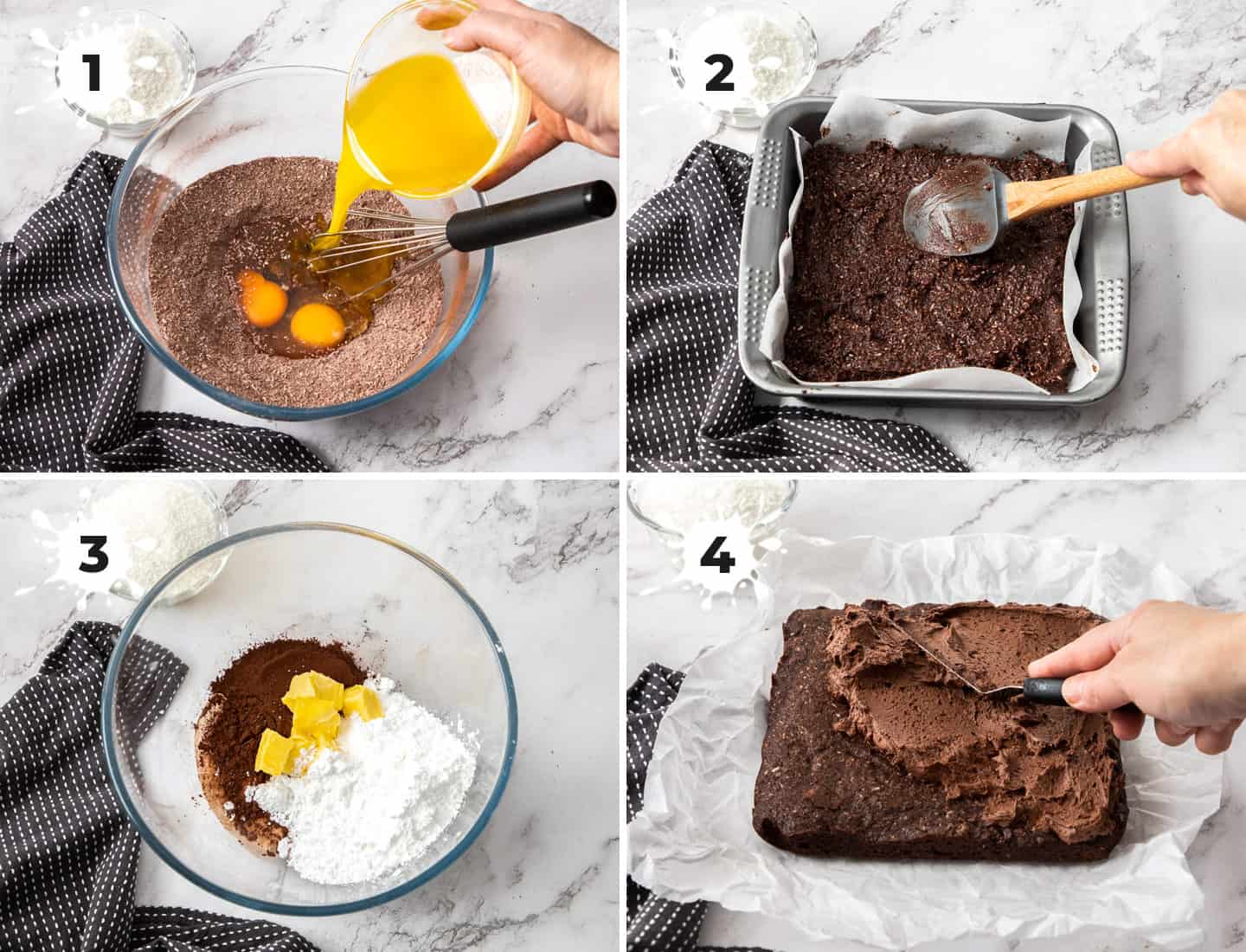 A collage of 4 images showing how to make the chocolate fudge slice.