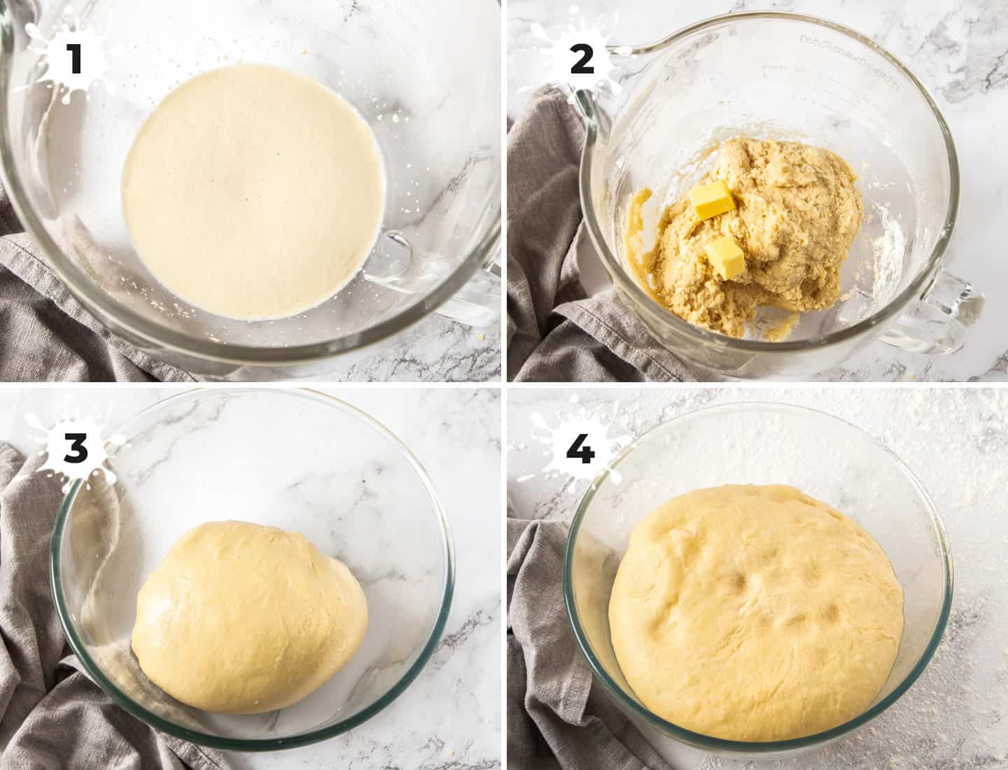 A collage of 4 images showing how to make doughnut dough.