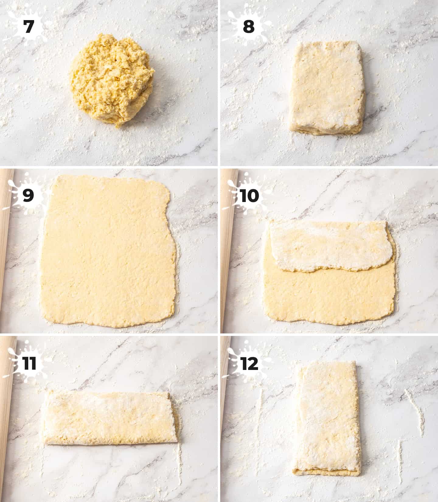 A collage of 6 images showing how to roll and fold the pastry dough.