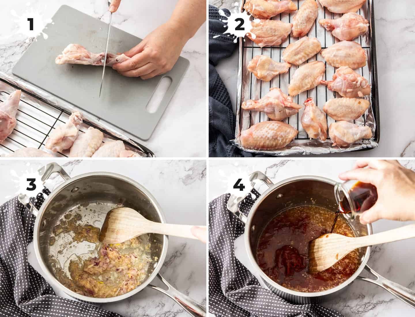 A collage of 4 images showing how to prep the wings and sauce.