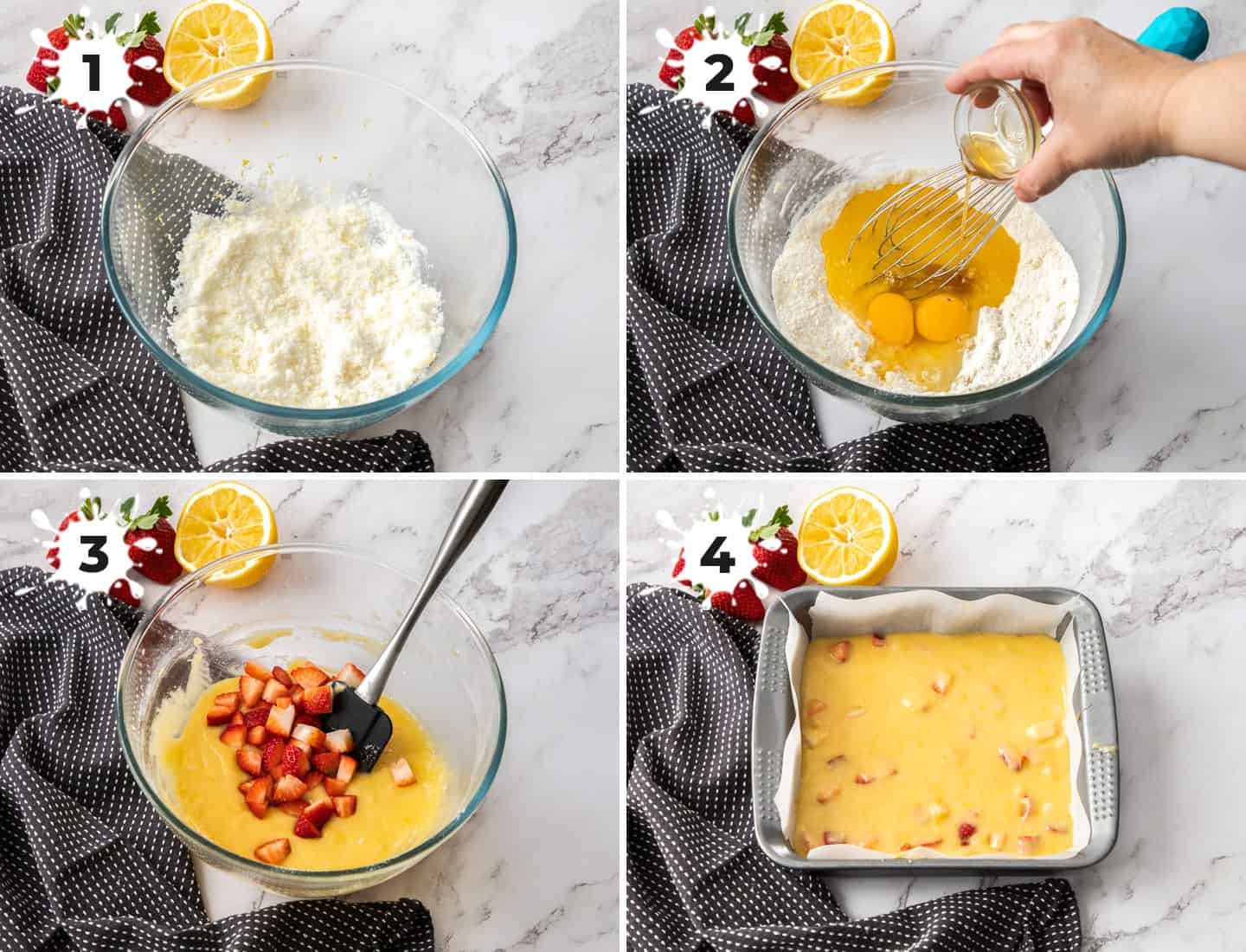 A collage of 4 images showing how to mix up the blondie batter.