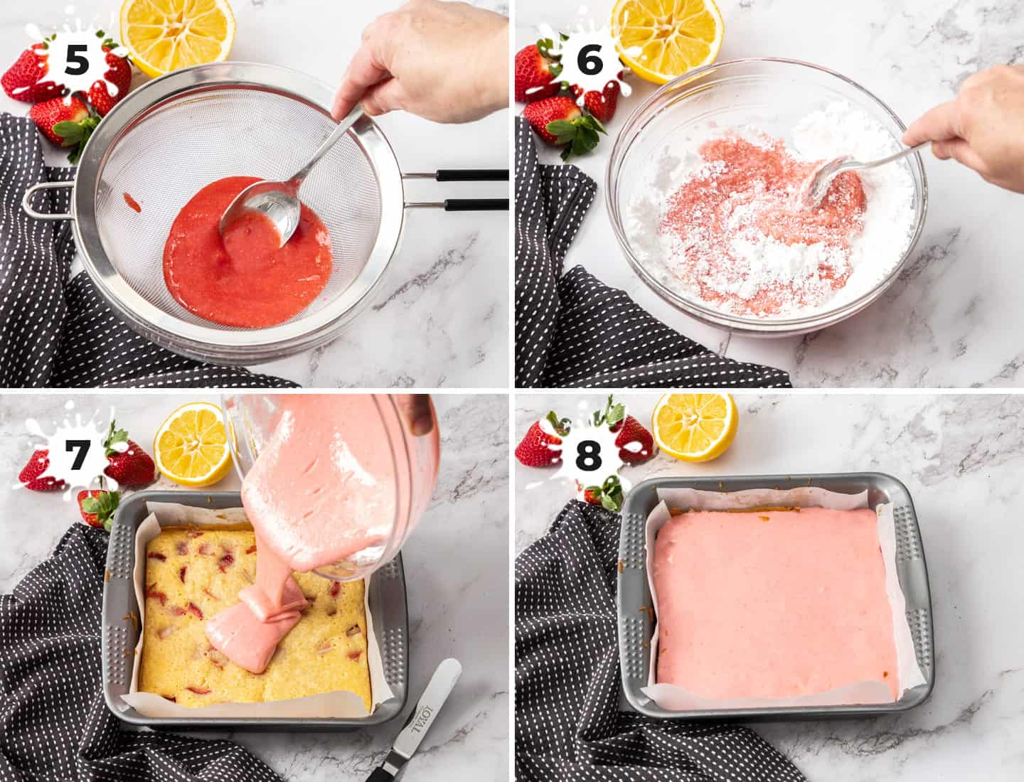 A collage of 4 images showing how to make strawberry icing.