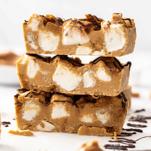 A stack of 3 pieces of biscoff rocky road.