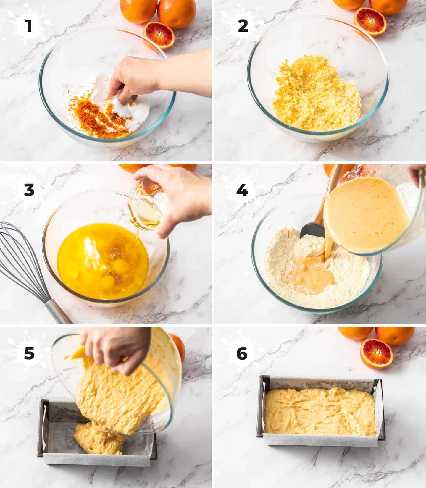 A collage of 6 images showing how to make the orange loaf cake.