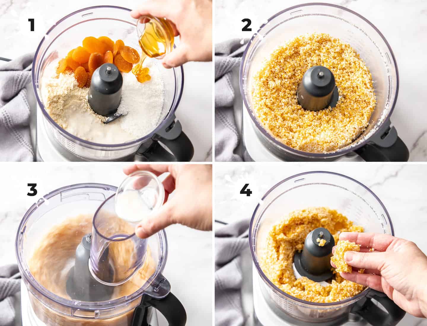 A collage of 4 images showing how to make apricot bliss balls.