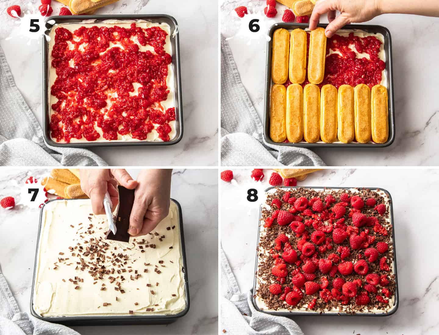 A collage of 4 images showing how to layer a raspberry tiramisu.