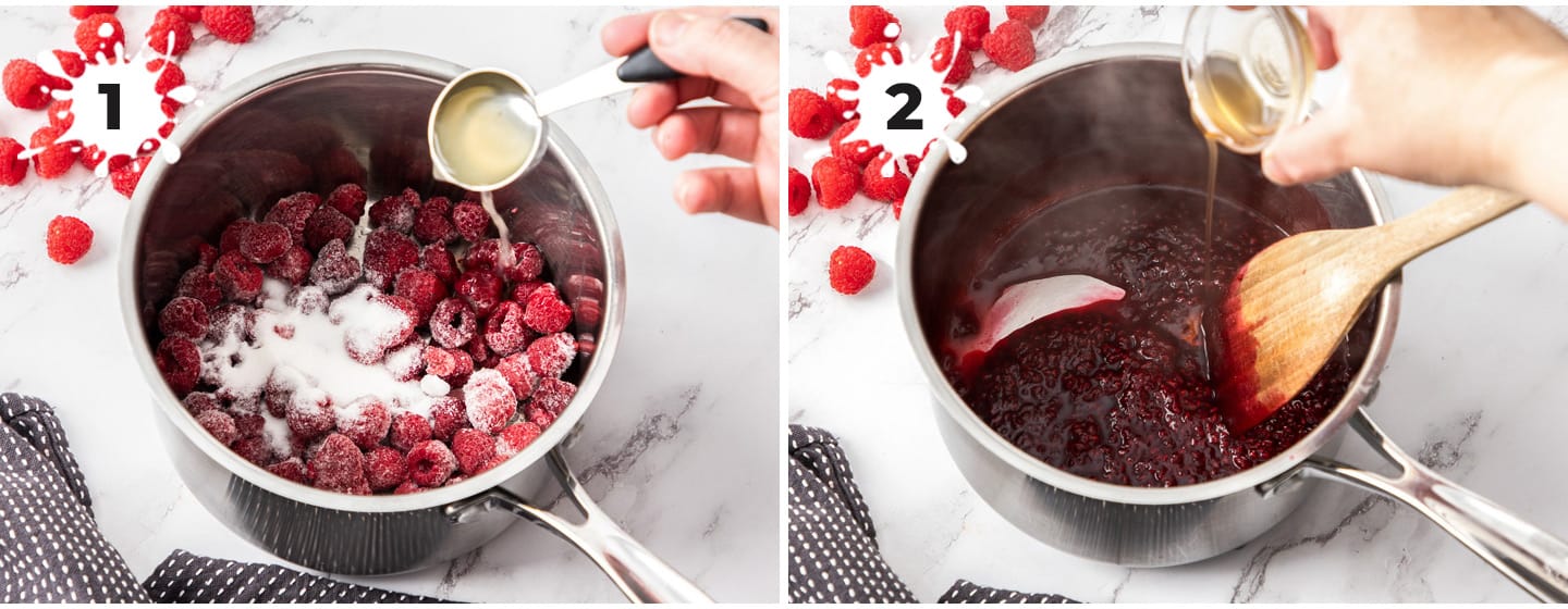 Raspberries and sugar in a saucepan being cooked.