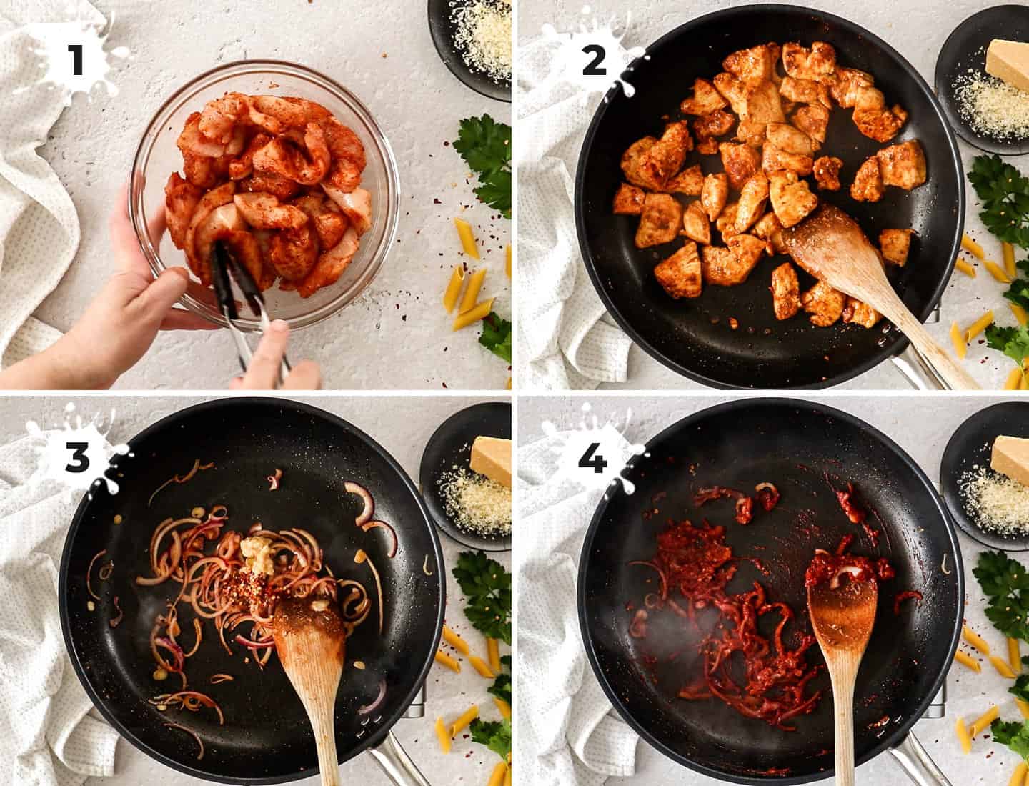 A collage of 4 images showing sauteeing the chicken and onion.