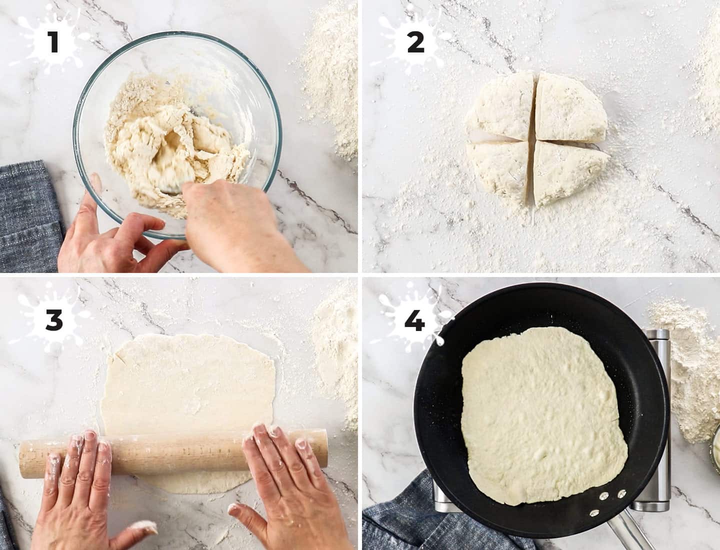 A collage of 4 images showing how to make 3 ingredient flatbread.