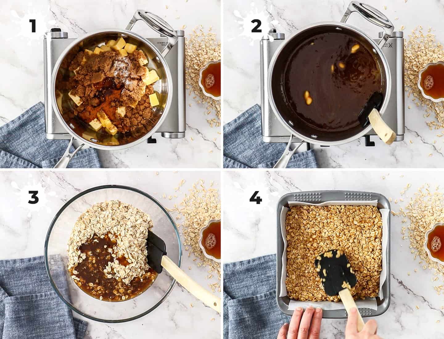 A collage of 4 images showing how to make chocolate flapjacks.