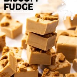 A stack of 3 pieces of biscoff fudge with more scattered around.
