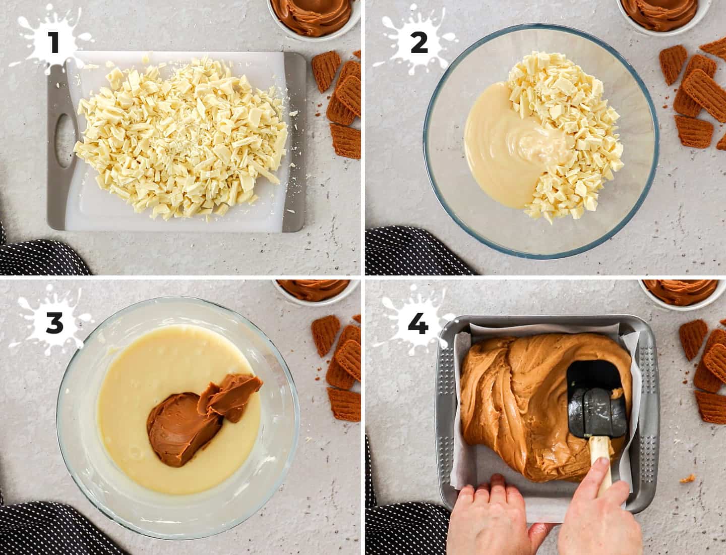 A collage of 4 images showing how to make biscoff fudge.