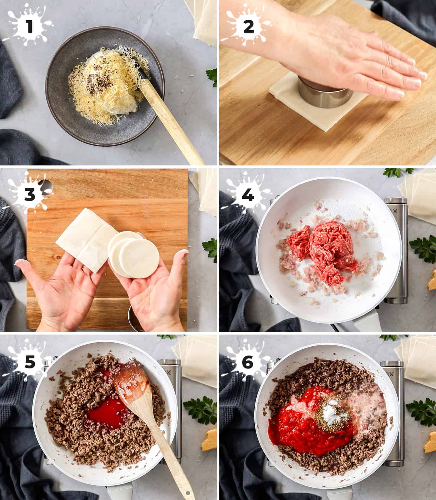 A collage of 6 images showing how to make prep the layers for lasagna cupcakes.