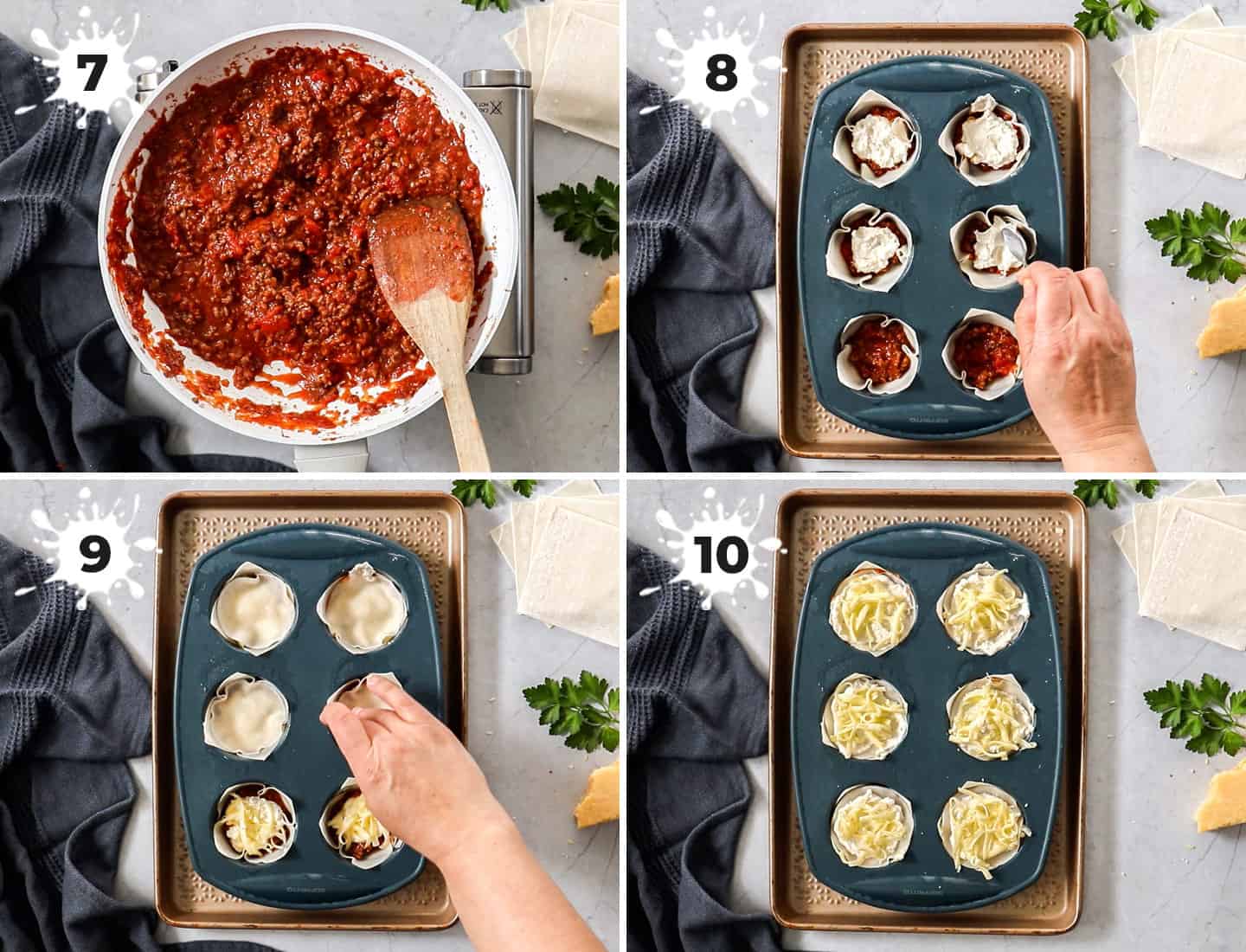 A collage of 4 images showing how to assemble lasagna cupcakes.