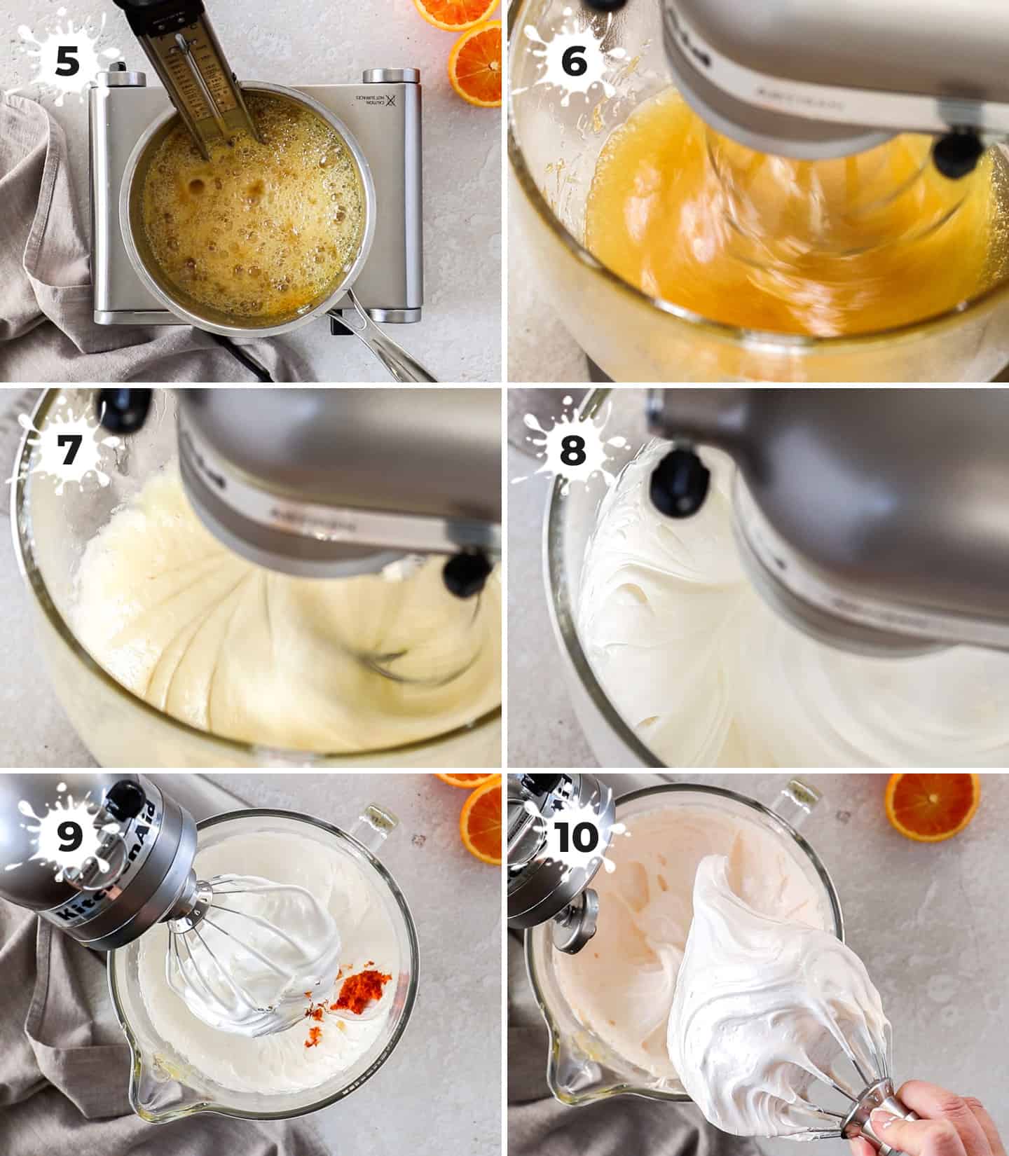 A collage of 6 images showing the stages of marshmallow being mixed.