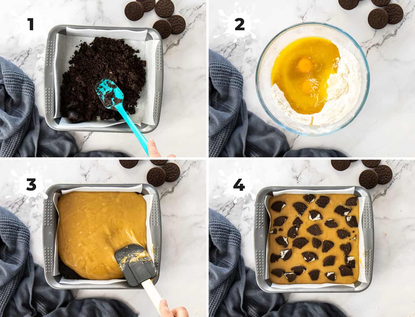 A collage of 4 images showing how to make Oreo blondies.
