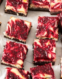 Top down view of raspberry topped brownies.