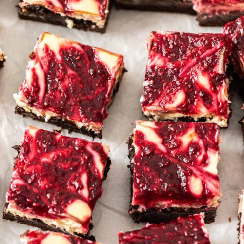 Top down view of raspberry topped brownies.