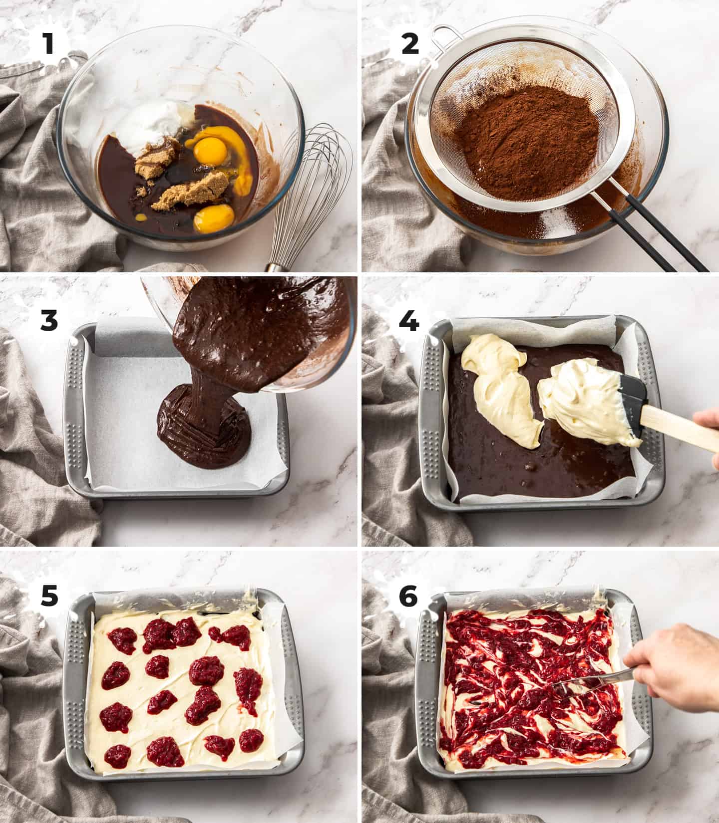 A collage of 6 images showing how to make raspberry cheesecake brownies.