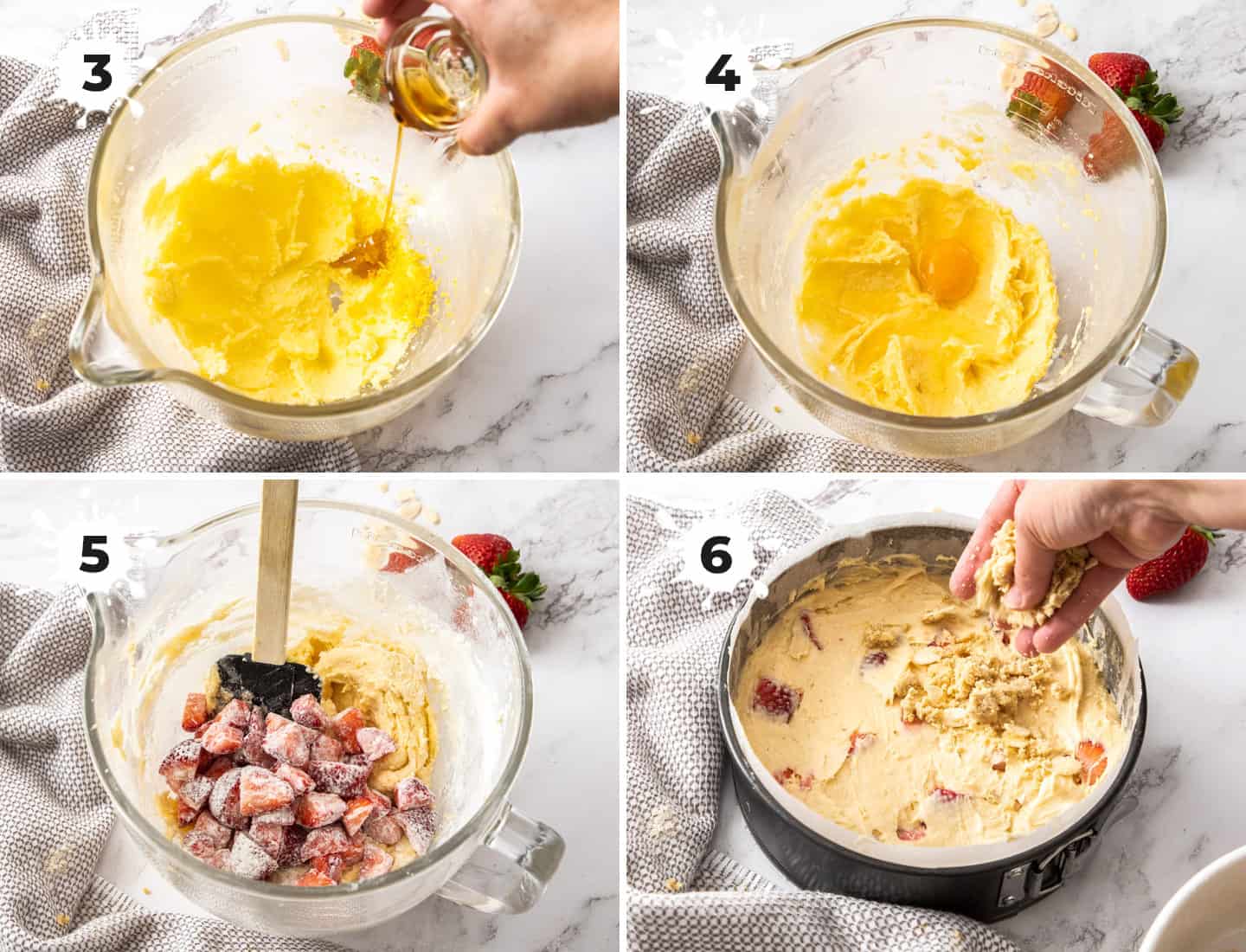 A collage of 4 images showing how to mix the cake batter.