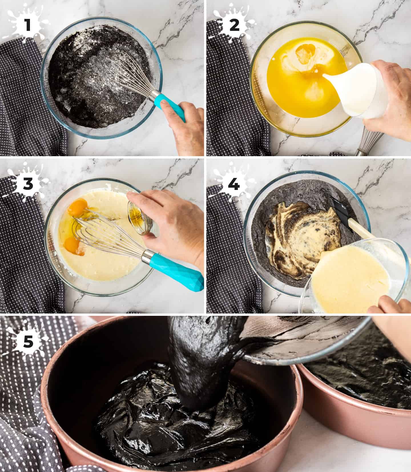 A collage of 5 images showing how to make the cake batter.