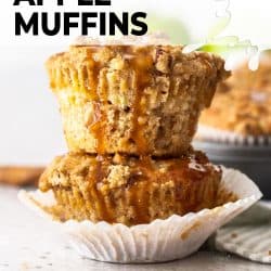 Two stacked muffins with caramel drizzling down the sides.