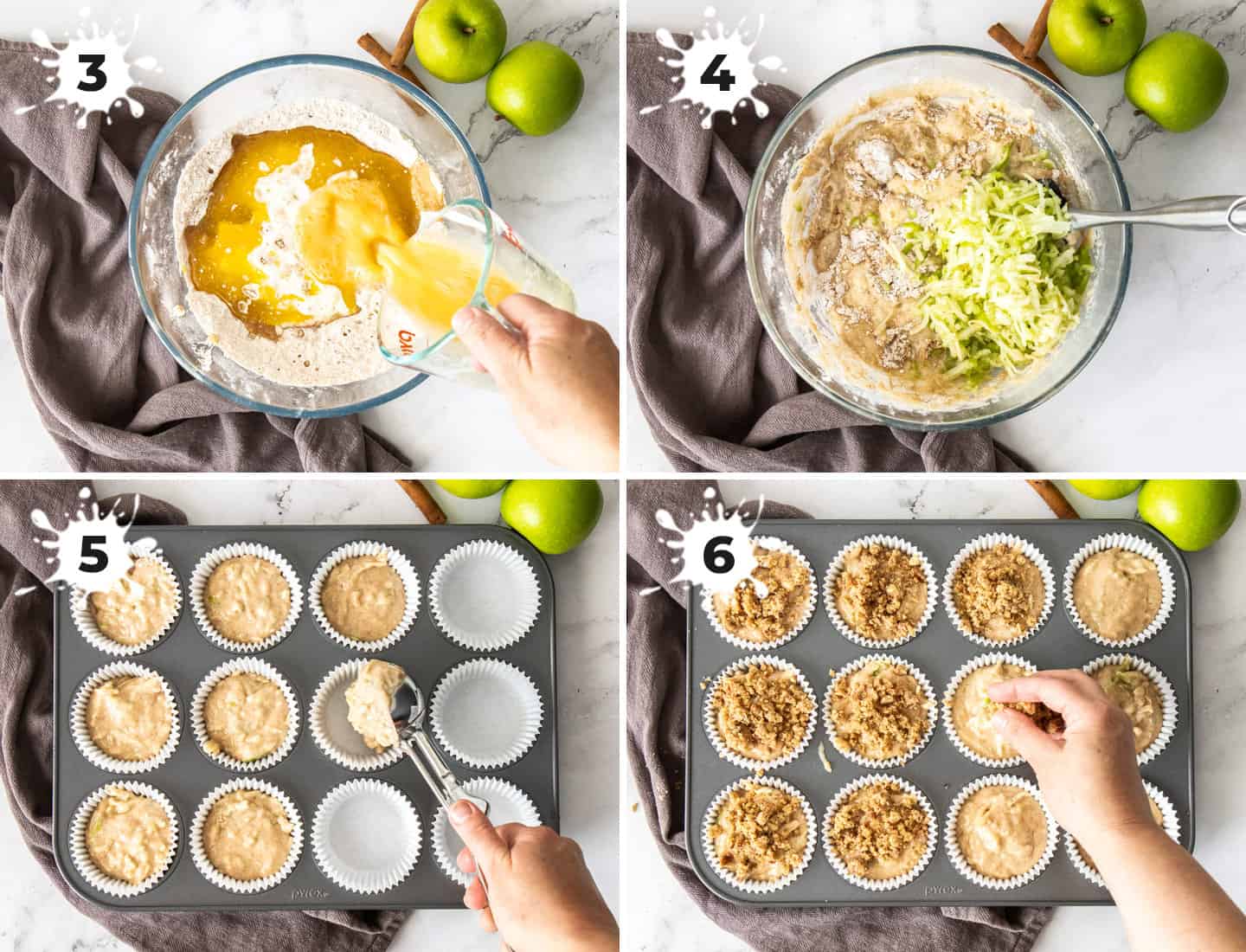 A collage of 4 images showing how to make the muffin batter.