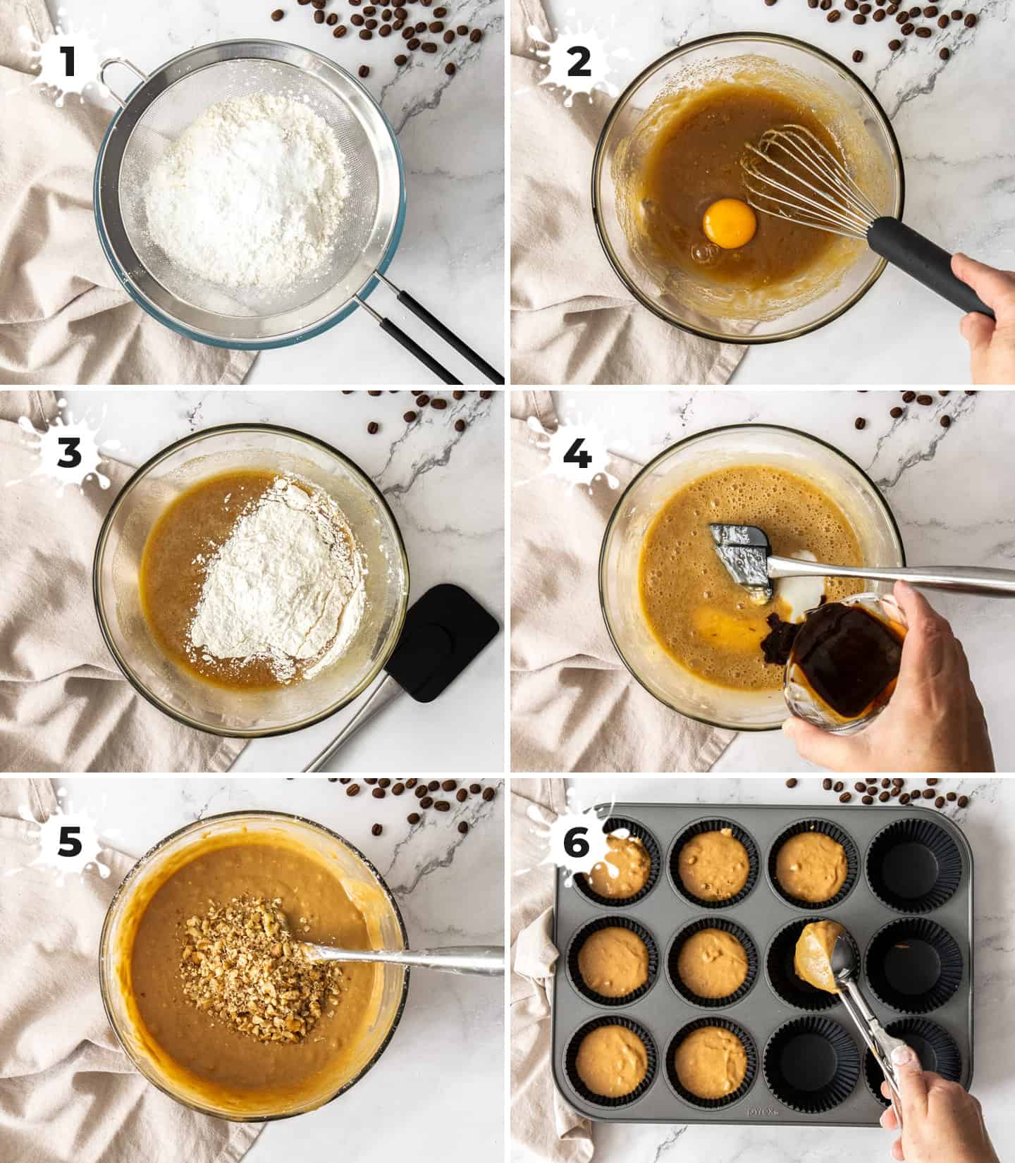 A collage of 6 images showing how to make coffee cupcakes.