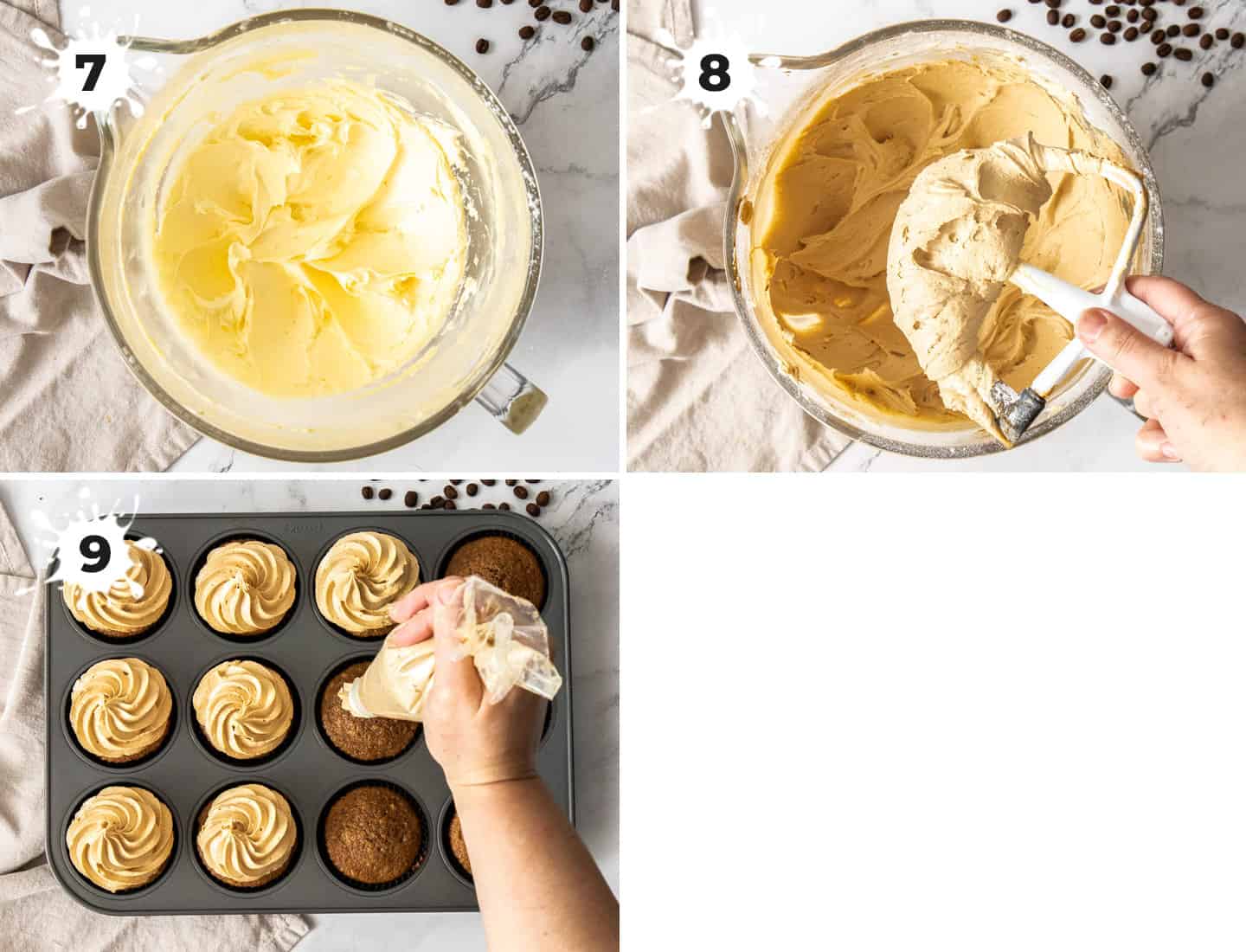 A collage of 3 images showing how to make coffee buttercream.