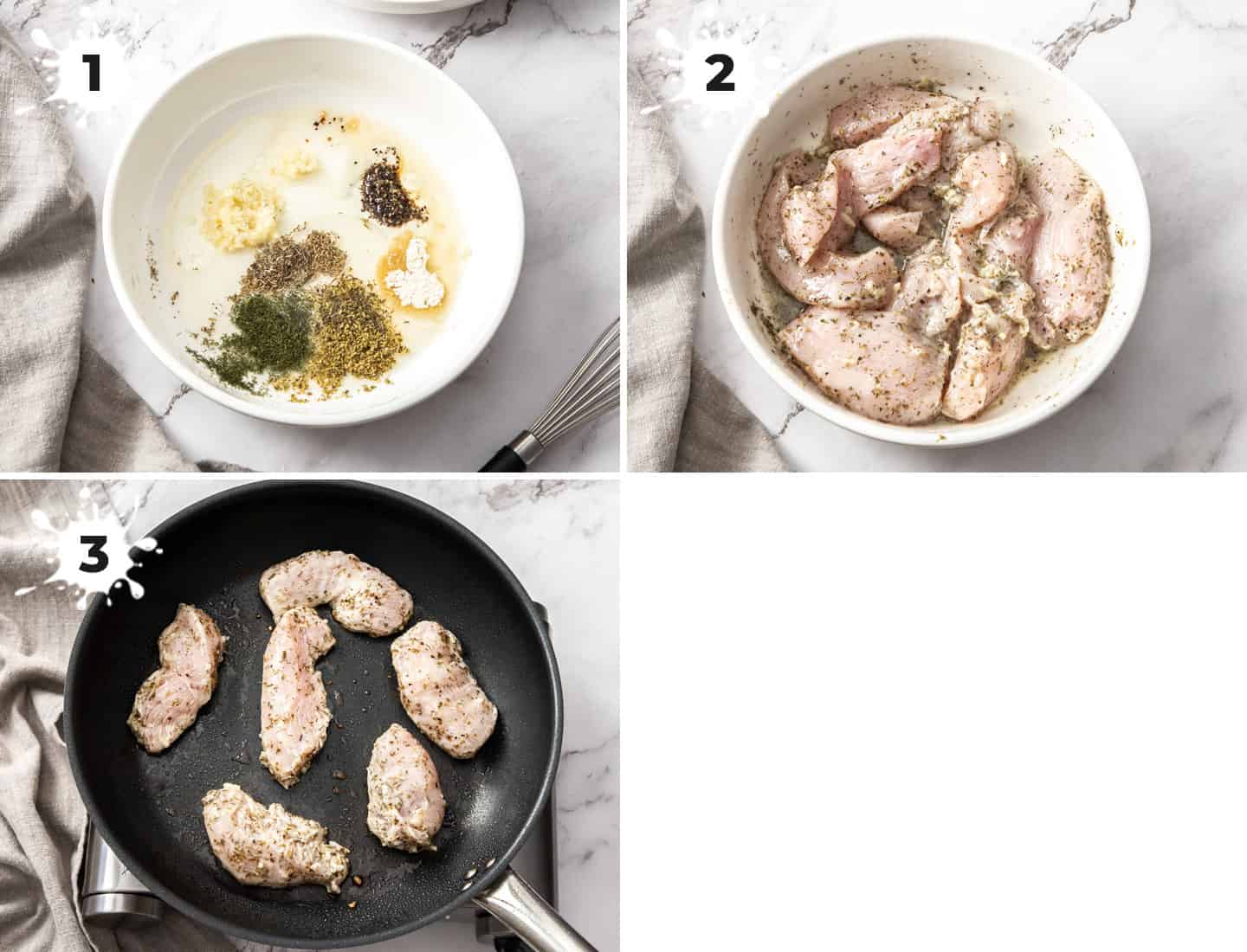 A collage of 3 images showing how to make Greek seasoned chicken.