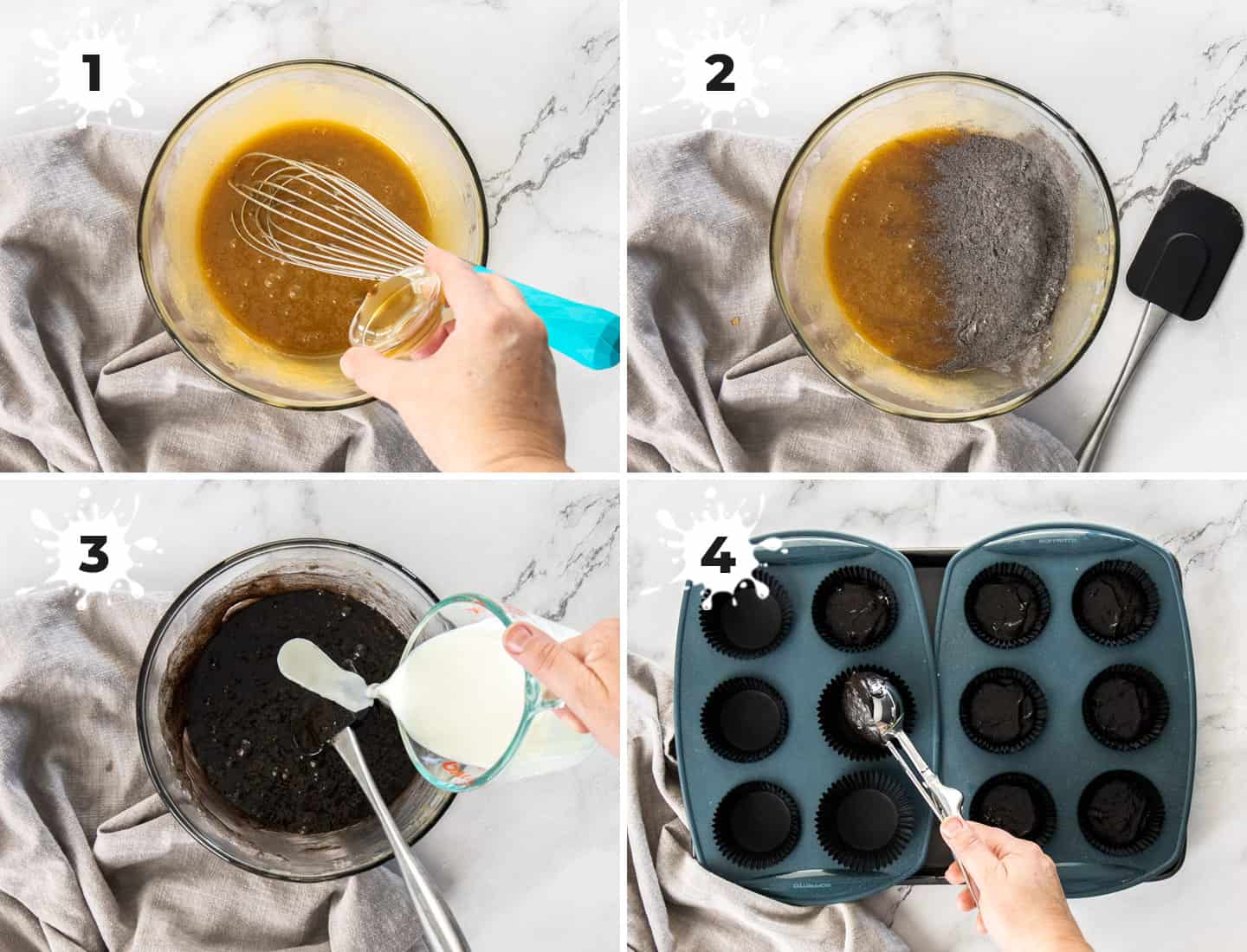 A collage of 4 images showing how to make the cupcake batter.