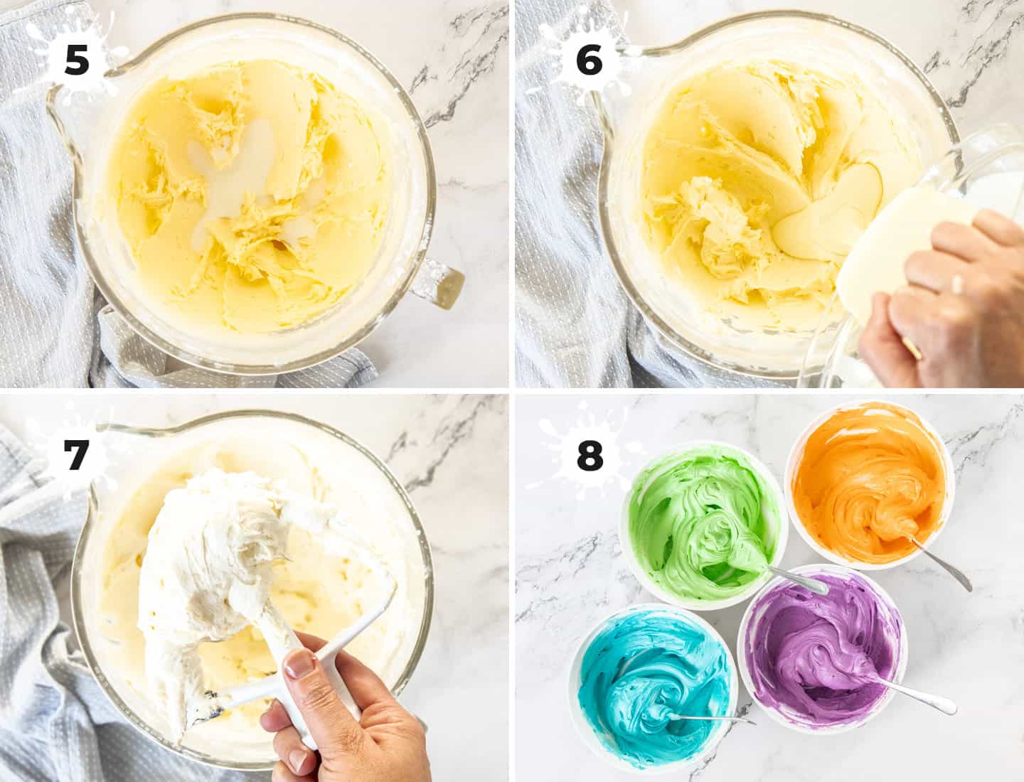 A collage of 4 images showing how to make the whipped white chocolate frosting.