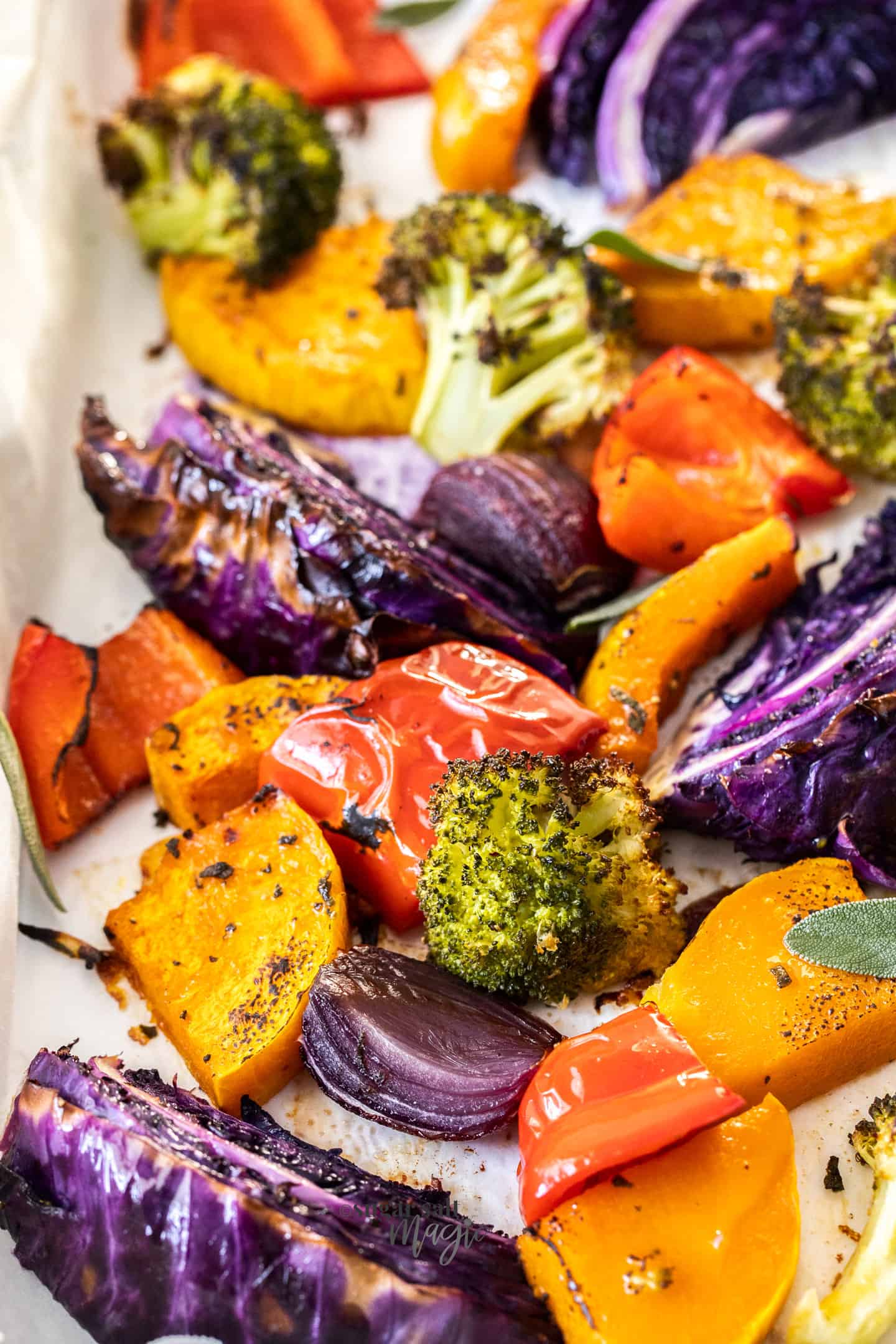 Closeup of colourful roasted vegetables.