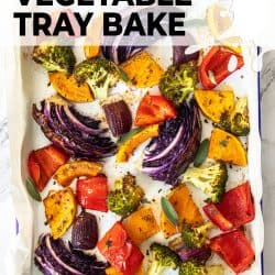Top down view of a sheet pan filled with colourful roasted vegetables.