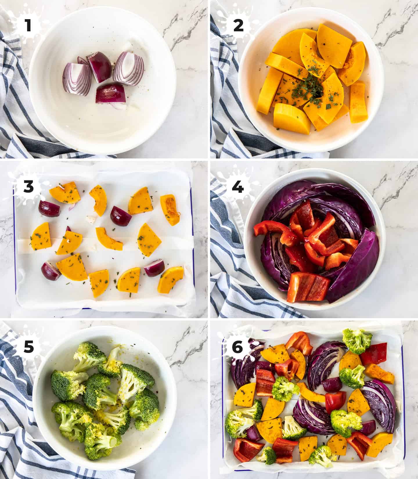 A collage of 6 images showing how to prepare vegetables for roasting.