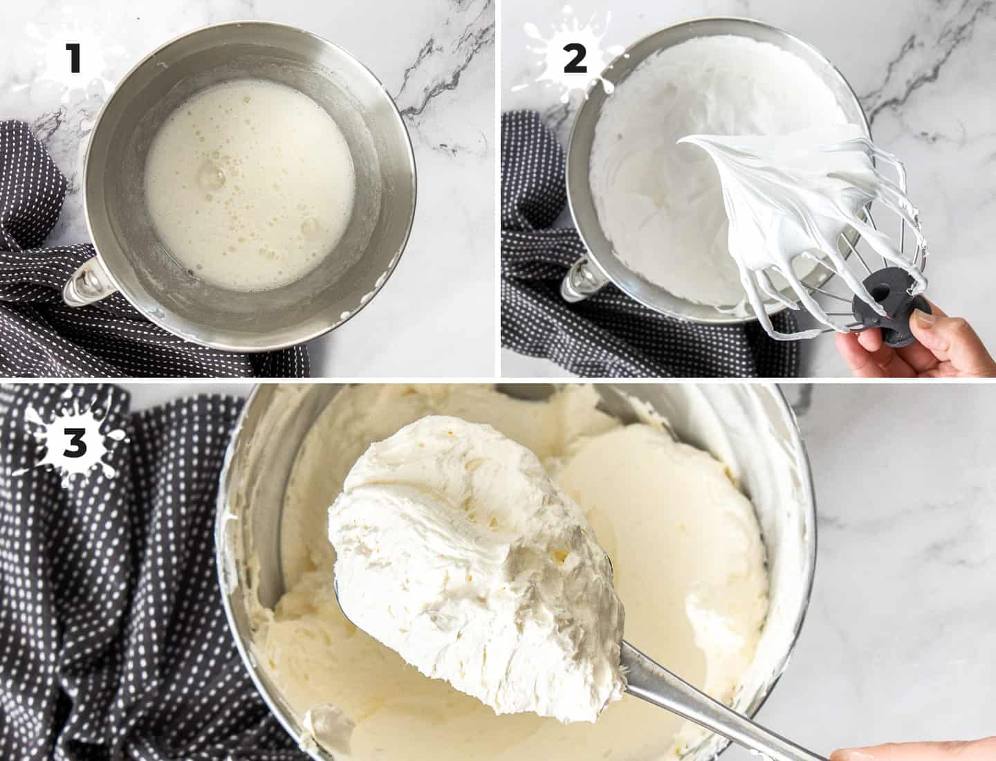 A collage of 3 images showing how to make Swiss meringue buttercream.