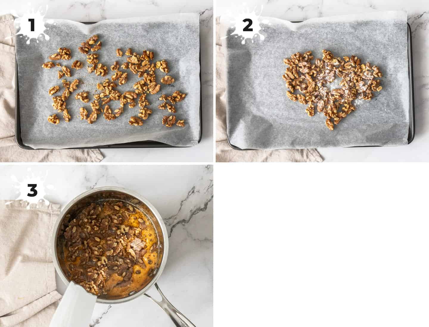 A collage of 4 images showing how to make walnut praline.